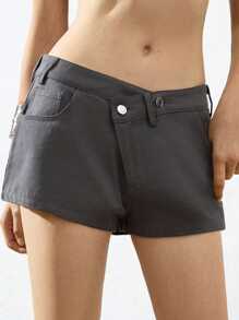 Aveloria GENKIRA Deep Grey Faux Denim Solid Color Asymmetrical Waistline Double Button Design Low-Rise Casual Streetwear Sexy Shorts For Women - Dark Grey - View 1