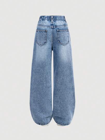 SHEIN Tween Girls' Y2K Retro Washed High Waist Cat Whisker Washed Baggy Staight Leg Jeans,Tween Girls Fall Winter Clothes Back To School Streetwear Outfits