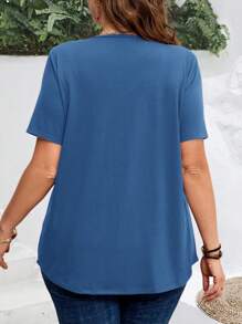 EMERY ROSE Plus Size Casual Solid Color Lace Trim T-Shirt Plus Size Blue Tops Plus Size Lace Tops Plus Size Tunic Tops - Blue - View 2