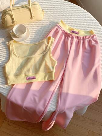 Comfortcana 2pcs/Set Women Summer Vacation Outfit: Letter Print Tank Top & Contrast Splicing Long Pants, Butter Yellow And Pink