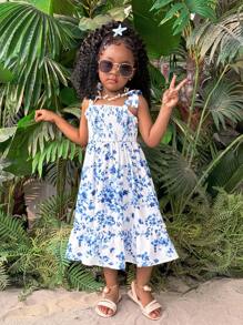 SHEIN Leap Crew Young Girl Ditsy Floral Ruffle Trim Suspender Tween Dress - Blue and White - View 6