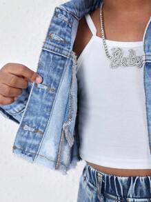 SHEIN 年轻女孩可爱甜美粉色蝴蝶结蓝色宽松短款牛仔夹克，春夏休闲度假乡村波西米亚风装 - 淺色水洗藍 - 查看 8