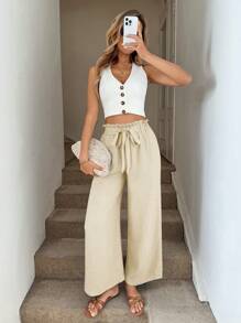 Easowa 阔腿裤，带有荷叶边和蝴蝶结细节，女士优雅休闲度假装 女式阔腿裤 夏季阔腿裤 女式夏季裤 系腰裤 女式阔腿裤 女式夏季裤 亚麻裤 - 杏色 - 查看 6