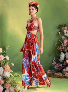 TIYA Frida Kahlo X SHEIN X Designer Summer Tropical Floral Printed Tie Backless Slip Jumpsuit , Women Vacation Outfits - Multicolor - View 5