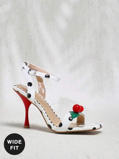 SHUZIA 宽版女士波尔卡圆点印花踝带细高跟凉鞋，樱桃装饰，圣诞节