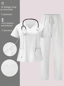 TaskEZ Conjunto de uniforme de enfermera de talla grande para mujer con top de unicolor con cuello en V y parche, bolsillo y manga corta, y pantalón largo