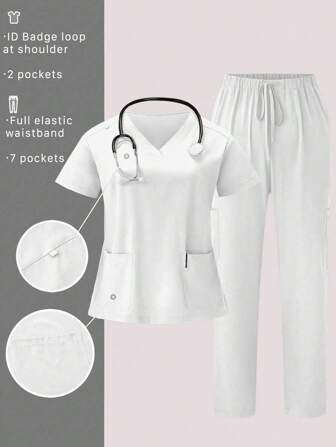 TaskEZ Plus-size dames V-hals effen kleur patchwork zak top met korte mouwen en lange broek verpleegster uniform set