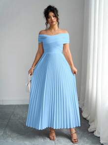 SHEIN PETITE 褶皱露肩设计加大码连衣裙，露肩生日礼服夏季女士服装优雅正式婚礼宾客礼服 - 藍色 - 查看 8