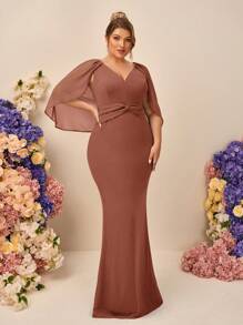 SHEIN Belle Vestido largo de dama de honor de tela de gasa con volantes, cuello en V y borde de cola de sirena, elegante y romántico, talla grande