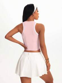 SHEIN Sovereign Charm Canotta sportiva da donna rosa e bianca, aderente, corta, con mezza chiusura lampo, ideale per yoga e allenamento, perfetta per l'estate, palestra e tempo libero. - Rosa - Visualizzare 3
