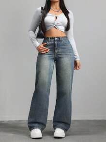 SHEIN ICON 大码休闲日常穿搭纽扣后松紧腰直筒牛仔裤 - 藍色 - 查看 4