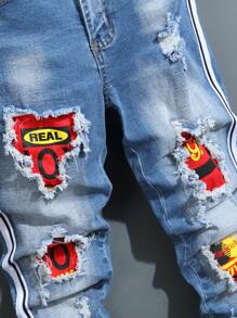 Manfinity LEGND Denim Denim Casuais Rasgados com Impressão de Letras no Bolso para Homens - Lavagem Média - Visão 5