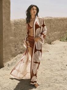 Swim Chiccia Women's Summer Beach Open Front Bell Sleeve Belted Sheer Printed Kimono Cover Up