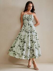 Anewsta French Countryside Plant Printed Wood Bead Strap Dress