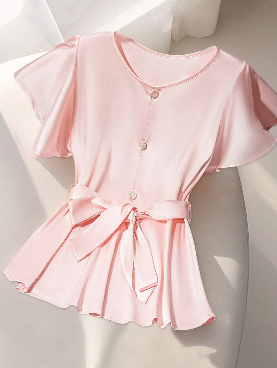 SHEIN Clasi Standard Size Women's Round Neck Cinched Waist Elegant Blouse - Dusty Pink - View 1