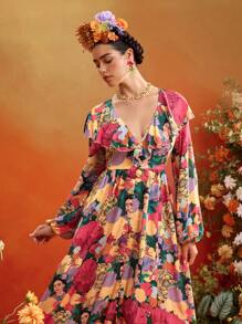 Redefinition Frida Kahlo X SHEIN X Designer 花卉图案 V 领荷叶边泡泡袖长袖纽扣 A 字形飘逸长裙夏季度假 - 彩色 - 查看 5