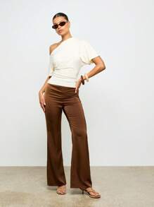 AiiRZ 不对称露肩上衣垂坠紧身衬衫优雅晚会休闲半袖时尚 T 恤 - 杏色 - 查看 3