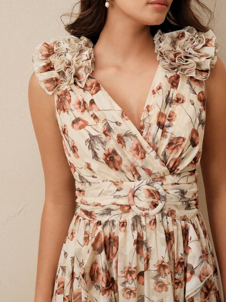 Elegant French Style Crossover Neck Slimming Waist Shoulder Applique Design Women's Cutout Floral Print Dress