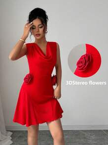 SHEIN Clasi Elegante vestido mini de verano escotado de corte ajustado con estampado floral de rosas, con una sensual estética francesa - Rojo - Ver 1