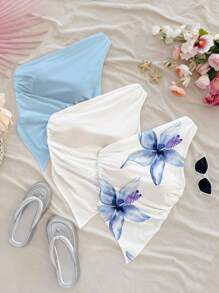 Soleia 3pcs Women Casual Ruched Asymmetric Hem Bodycon Top Set, Suitable For Summer, Holiday, Floral Print Suitable For Going Out - Blue - View 6