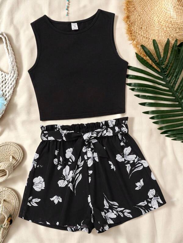 SHEIN Teen Girl Basic Camisole Top With Ruffle Hem & Floral Print Shorts Set With Tie Belt Holiday Outfits