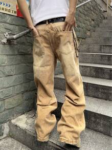Manfinity EMRG Men's Long Khaki Denim Stacked Wide Leg Jeans Avant-Garde Street Style With Chain Accent