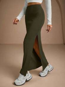 EURMUSE Women Solid Color Slit Detailed Tube Skirt - Army Green - View 4