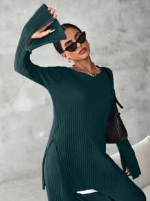 EURMUSE 2pcs Women Solid Color Ribbed Long Sleeve Shirt And Pants Casual Suit - Army Green - View 5