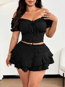 Vionelle 大码性感露肩度假上衣，休闲沙滩蝴蝶结两件套女式短裙套装 - 黑色 - 查看 7