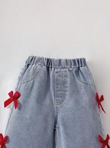 SHEIN Playful Pals 女婴休闲韩版可爱蝴蝶结印花粉色蝴蝶结短袖上衣和荷叶边蝴蝶结牛仔裤，夏季 - 黑色 - 查看 3