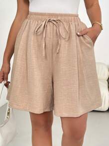 SHEIN Essnce Plus Size Women's Spring And Summer Fashion Casual Loose And Comfortable Basic Daily Versatile Slim Elastic Waist Khaki Shorts Shorts, Simple Style,Going Out Clothes,Baggy Pants,European Summer,Airport Outfit For Women,Boho,Vacation Clothes,Curve Shorts,Old Money Style,Comfy Shorts,Flowy Shorts,Bermuda Shorts