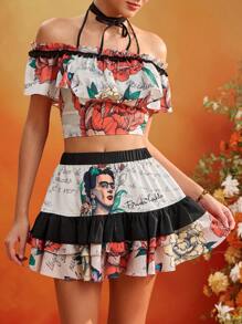 Frida Kahlo X SHEIN X Designer KATHARSIS 夏季花卉印花荷叶边多层松紧腰迷你裙夏季