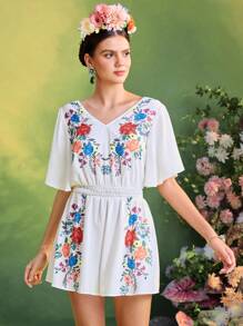 Oxana Frida Kahlo X SHEIN X Designer 花卉印花 V 领飘逸短袖波西米亚风女式度假连体裤 - 彩色 - 查看 6