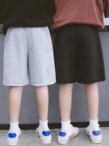 2 件青少年男童简约基本款休闲短裤，黑色和灰色，夏季户外 - 黑色 - 查看 2