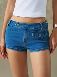 LYSMO Quần short denim bó sát, thiết kế nút dành cho nữ, dễ phối đồ - Rửa trung bình - Xem 4