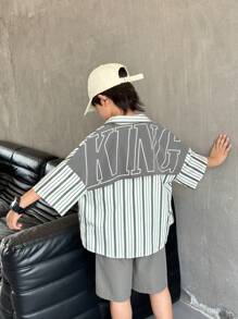 SHEIN 2-Pack Tween Boy Casual Sports College Artistic Style Retro Japanese And Korean Loose-Fitting Striped Lapel Shirt With Large Letter Pattern And Shorts Suit Suitable For Kids Outfits Toddler Boy Clothes Back To School Boys Set Suitable For Birthday Parties, Evening Parties, Performances, Weddings, Baptisms, Opening Ceremonies Daily Suitable For Daily Use Suitable For School Suitable For Travel Suitable For Sports Suitable For Spring And Summer Seasons