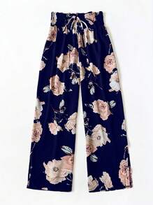 SHEIN PETITE Pantalon large en mousseline de soie imprimé floral avec cordon de serrage à la taille, pour les vacances des femmes - Bleu marine - Voir 3