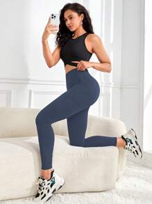 Easithlete Easithlete 高腰瑜伽紧身裤，带口袋，收腹运动跑步瑜伽紧身裤，女士 - 霧霾藍 - 查看 4