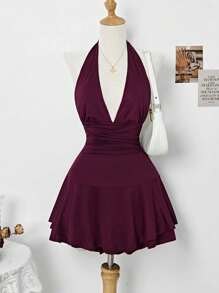 SHEIN PETITE Women's Halter Deep V-Neck Slim Fit Short Dress, Spring/Summer ,Petite Women - Burgundy - View 1