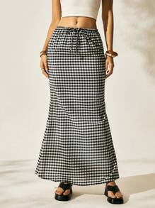 Easelle Plaid Design Drawstring Waist Casual Long Skirt For Women, Summer - Black and White - View 3