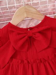 SHEIN Kleine Mädchen Kleid mit einfarbigem Rüschenbesatz, figurbetonter Schnitt, Rundhalsausschnitt - Rot - Übersicht 7