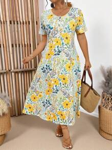 EMERY ROSE Vestido largo de cuello redondo con estampado floral en línea A para mujer de talla grande - Multicolor - Ver 3