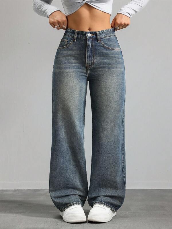 SHEIN ICON Jeans rectos de talla grande para uso diario casual con cintura elástica y botones en la espalda