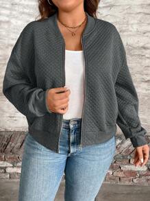 Plus Size Casual Versatile Solid Color Textured Jacket Fall Winter Cloth For Women Autumn - Dark Grey - View 4