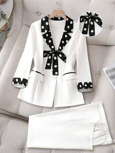 SHEIN Clasi 2 件大码纯色拼布波尔卡圆点蝴蝶结西装外套