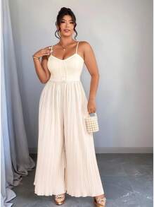 Elenzga 大码女士时尚褶皱连体裤，宽松优雅浪漫吊带拼接连体裤，春夏 - 杏色 - 查看 6