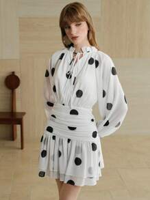 Aveloria Women's Short Style Big Wave Polka Dot Waist Slimming Chiffon Dress Simple Elegant Dress Cute Style Long Sleeved Dress White Autumn Women's Clothing, All White Party Outfit Women Fall Cloth For Women - White - View 7