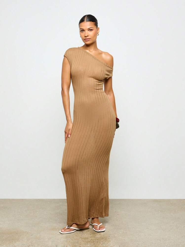 AiiRZ Ribbed Knit One Shoulder Maxi Dress Form Fitting Slim Cut Fall Winter Long Length Evening Party Bodycon Lounge Wear