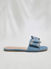 SHUZIA Women's Fashion Rhinestone Detail Bow Decor Flat Sandals - Blue - View 5