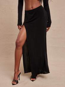 NYA SZN Einfarbiger, grundlegender Mini-Schlitz-Maxirock, Büro-Lässig, Brunch, Herbst